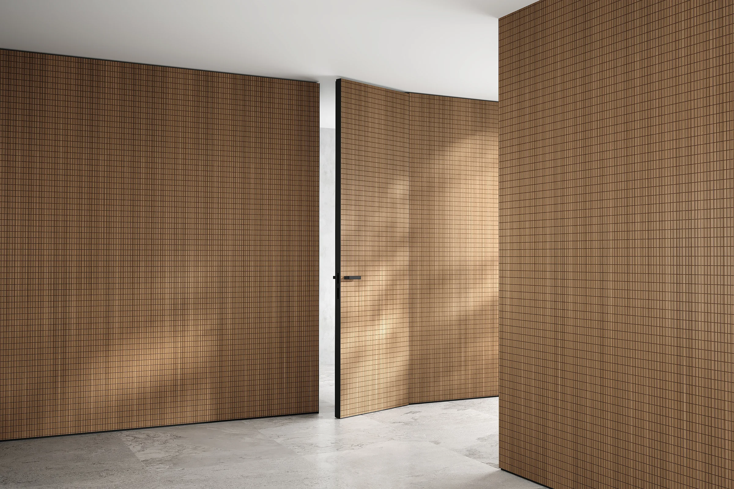 mini-Стеновые панели COVER, UNIFLEX-3D, модель Plisse. Натуральный шпон UP40 Noce Italiano. Дверь UNIFLEX-3D, Alu, модель Plisse.