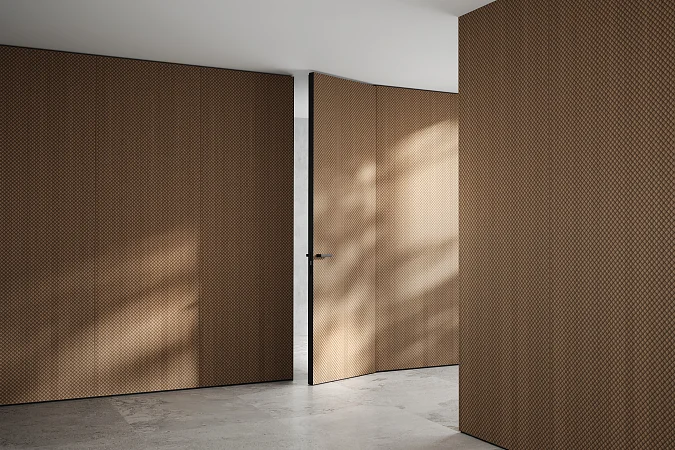 Стеновые панели COVER, UNIFLEX-3D, модель Legato. Натуральный шпон UL40 Noce Italiano. Дверь UNIFLEX-3D, Alu, модель Legato, алюминий в отделке AL10 Black Matt.