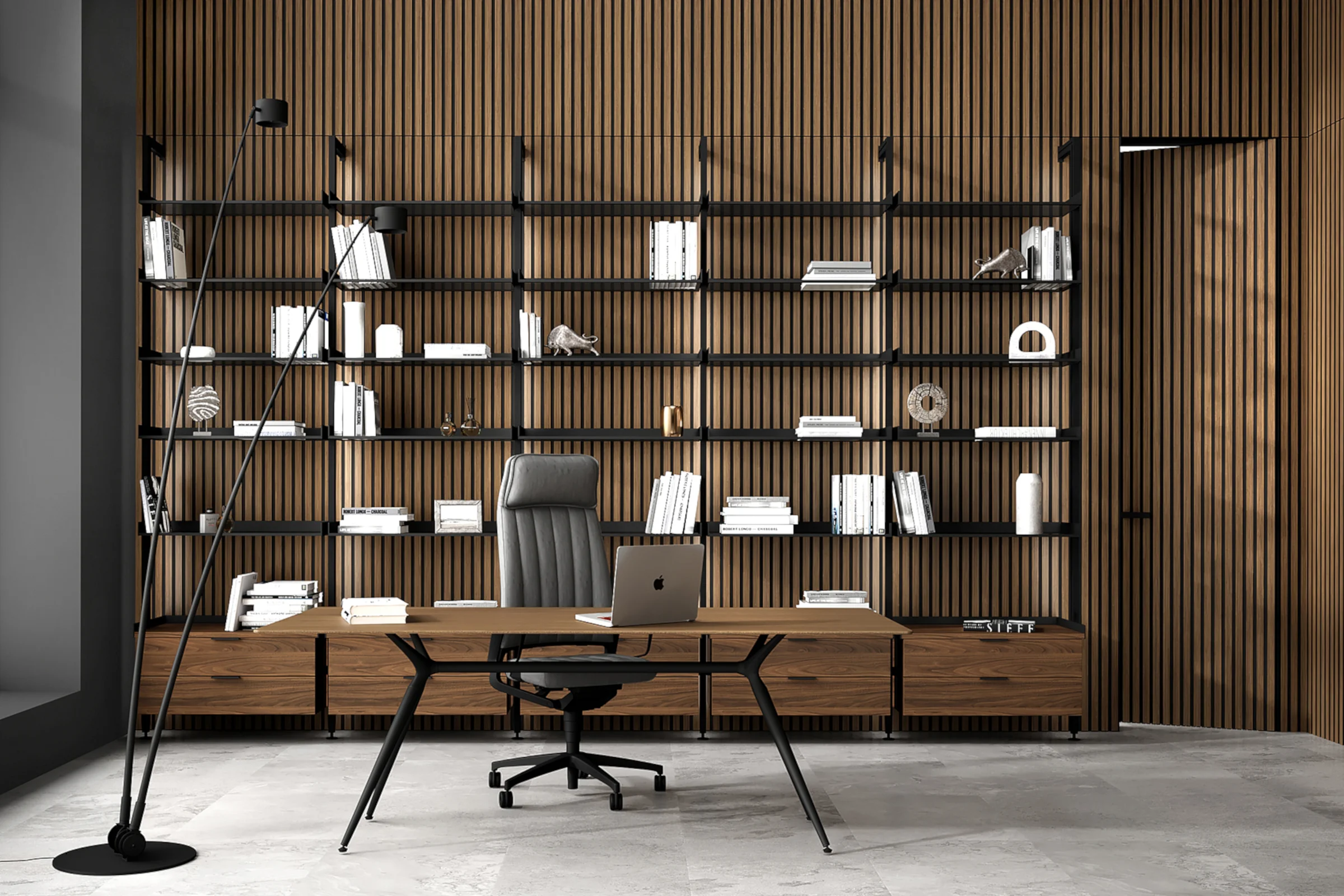 mini-Стеновые панели COVER, UNIFLEX-3D, модель Step. Дверь UNIFLEX-3D, Alu, модель Step. Натуральный шпон US16 Noce Canaletto. Стеллаж FORTE, стол MILAN.