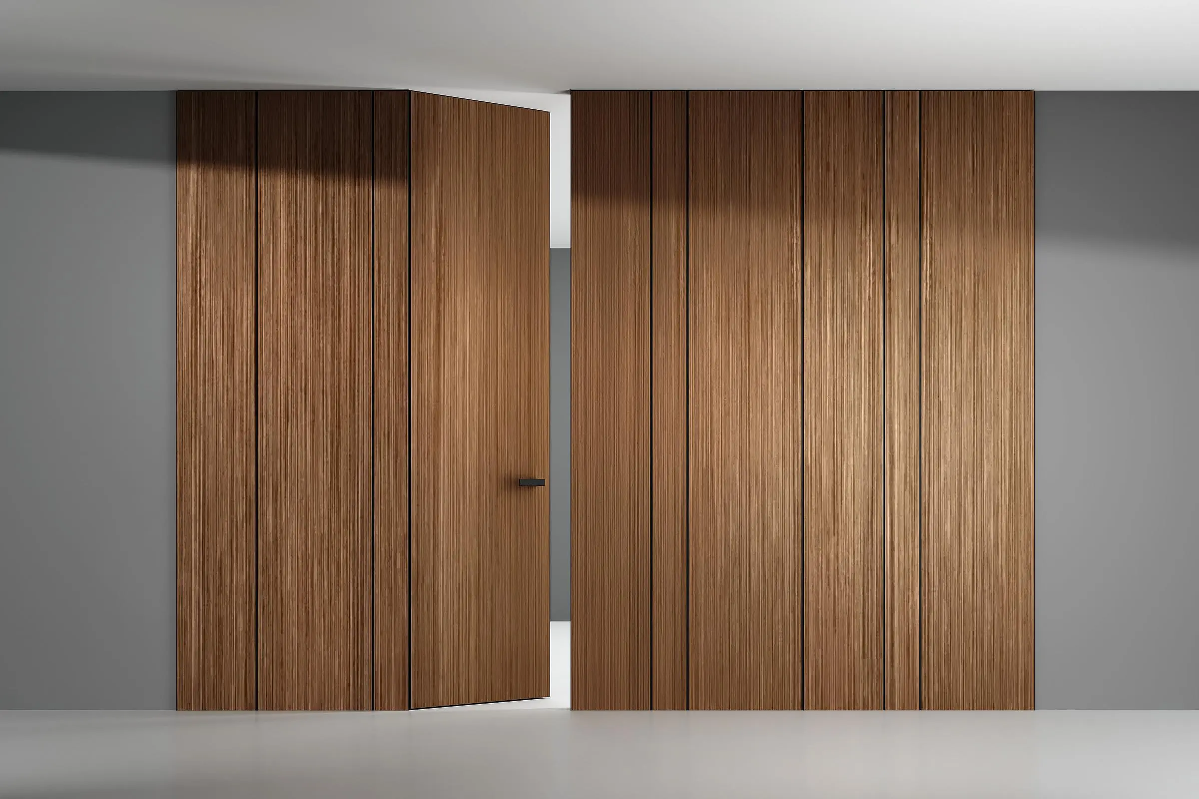 mini-Стеновые панели COVER Alu, натуральный шпон V16 Noce Canaletto, молдинги в отделке AL07 Dark Brown.