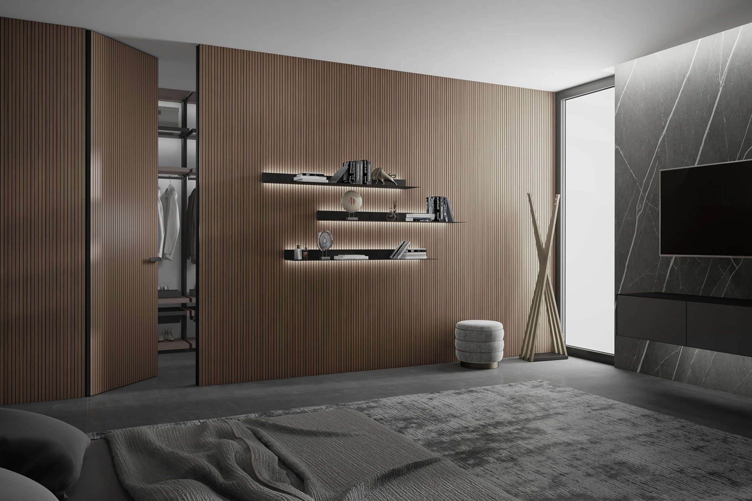 mini-Стеновые панели COVER, UNIFLEX-3D, модель Step. Дверь UNIFLEX-3D, Alu, модель Step. Натуральный шпон US16 Noce Canaletto.