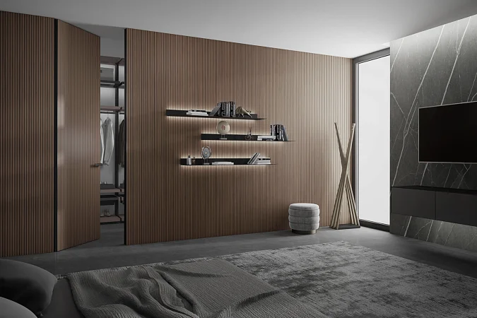 Стеновые панели COVER, UNIFLEX-3D, модель Step. Дверь UNIFLEX-3D, Alu, модель Step. Натуральный шпон US16 Noce Canaletto.