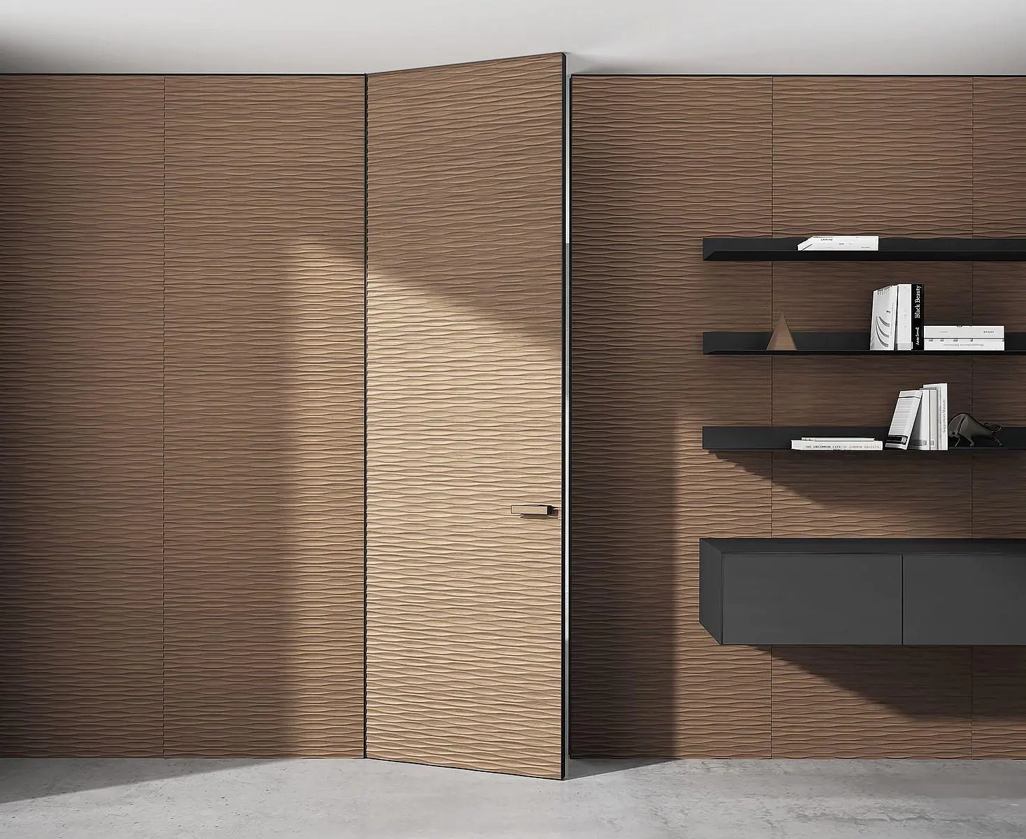 mini-Стеновые панели COVER, UNIFLEX-3D, модель Wave. Дверь UNIFLEX-3D, Alu, модель Wave. Слой массива дерева UW16 Noce Canaletto.