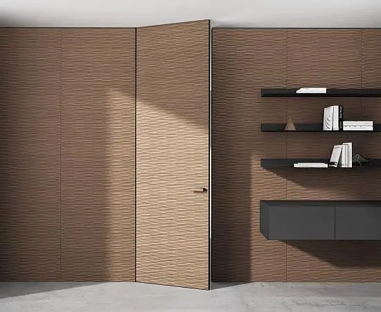 Стеновые панели COVER, UNIFLEX-3D, модель Wave. Дверь UNIFLEX-3D, Alu, модель Wave. Слой массива дерева UW16 Noce Canaletto.