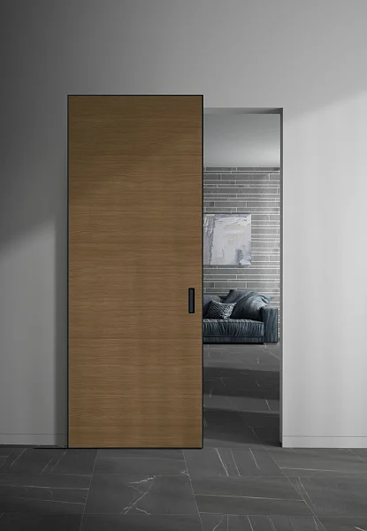 MAGIC-FILO, Alu, натуральный шпон "орех каналетто", алюминиевая торцевая кромка в чёрном цвете, скрытый механизм.