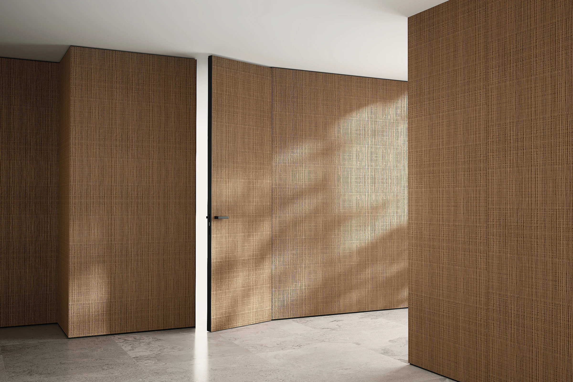 mini-Стеновые панели COVER, UNIFLEX-3D, модель Canvas. Натуральный шпон UC40 Noce Italiano. Дверь UNIFLEX-3D, Alu, модель Canvas, алюминий в отделке AL10 Black Matt.