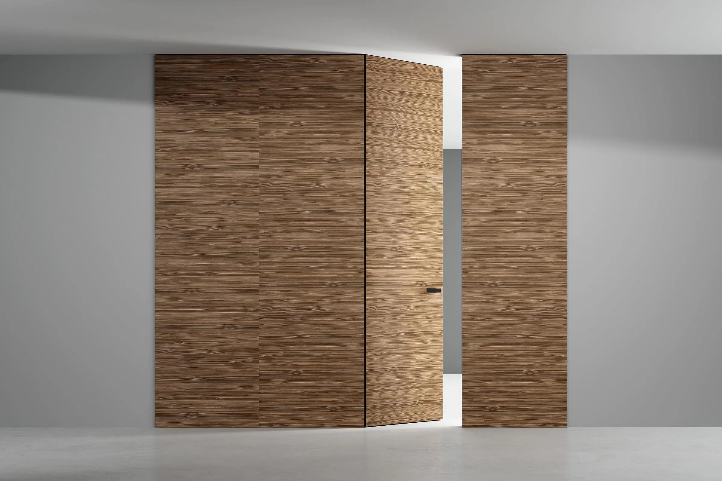 mini-COVER, натуральный шпон V16 Noce Canaletto. Стеновые панели и дверь FILO-60, Alu в единой отделке.