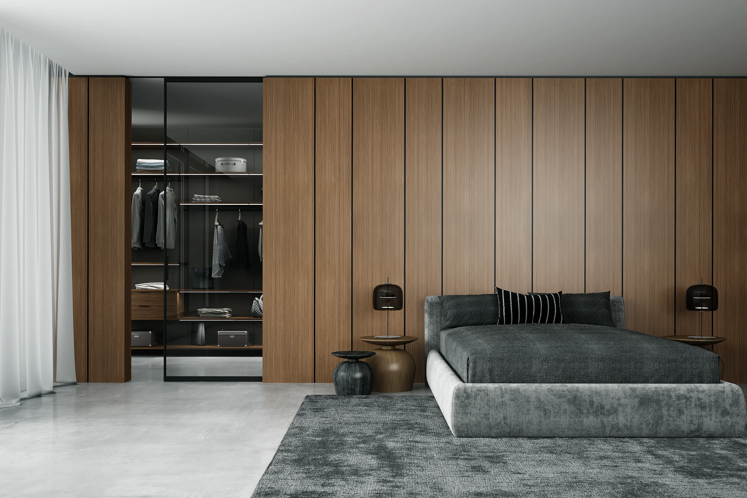 mini-Стеновые панели COVER STOCK, натуральный шпон V16 Noce Canaletto, молдинги в отделке AL08 Black.