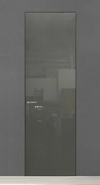 LAGO-60, модель Lira, крашеное глянцевое стекло в сером цвете, алюминиевый каркас полотна в чёрном цвете. Скрытый короб в чёрном цвете.