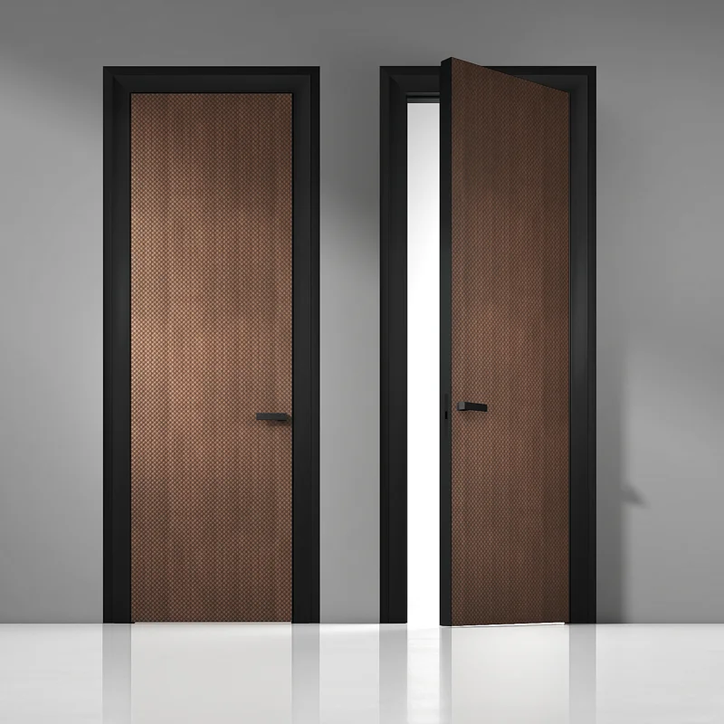 Дверь UNIFLEX-3D, Alu, модель Legato, натуральный шпон UL40 Noce Italiano. Алюминиевый короб-моноблок с фигурными наличниками и ручка в отделке AL08 Black, торцевая кромка в отделке AL10 Black Matt.