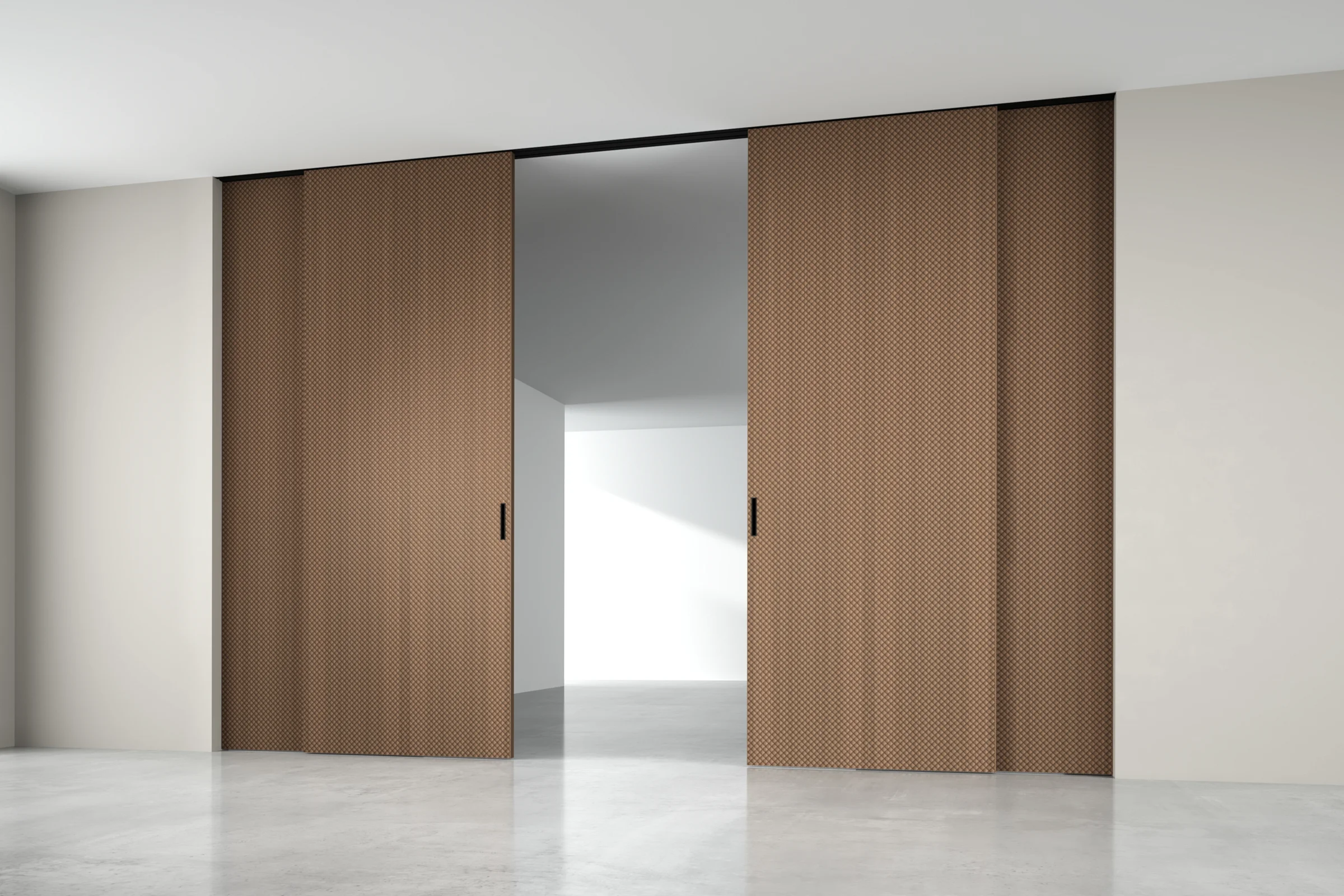 mini-STRATUS - UNFLEX-3D, Alu, модель Legato, объемная 3D поверхность, натуральный шпон  UL40 Noce Italiano. Алюминиевая торцевая кромка в отделке AL10 Black Matt, трек и ручка в отделке AL08 Black. Раздвижная перегородка в проёме, скрытый трек в потолке.