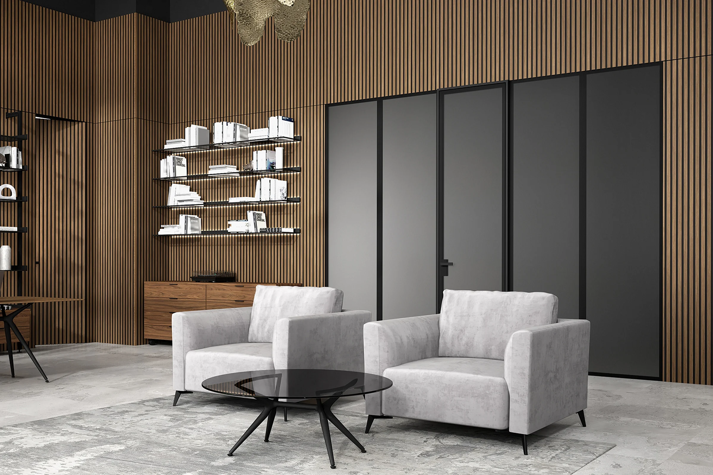 mini-Стеновые панели COVER, UNIFLEX-3D, модель Step. Дверь UNIFLEX-3D, Alu, модель Step. Натуральный шпон US16 Noce Canaletto. Полки LUMINA, комод ALTO. Стеклянная перегородка WALLTSTREET с дверью LAGO-60. Журнальный столик LOTUS, кресла PORTOFINO.