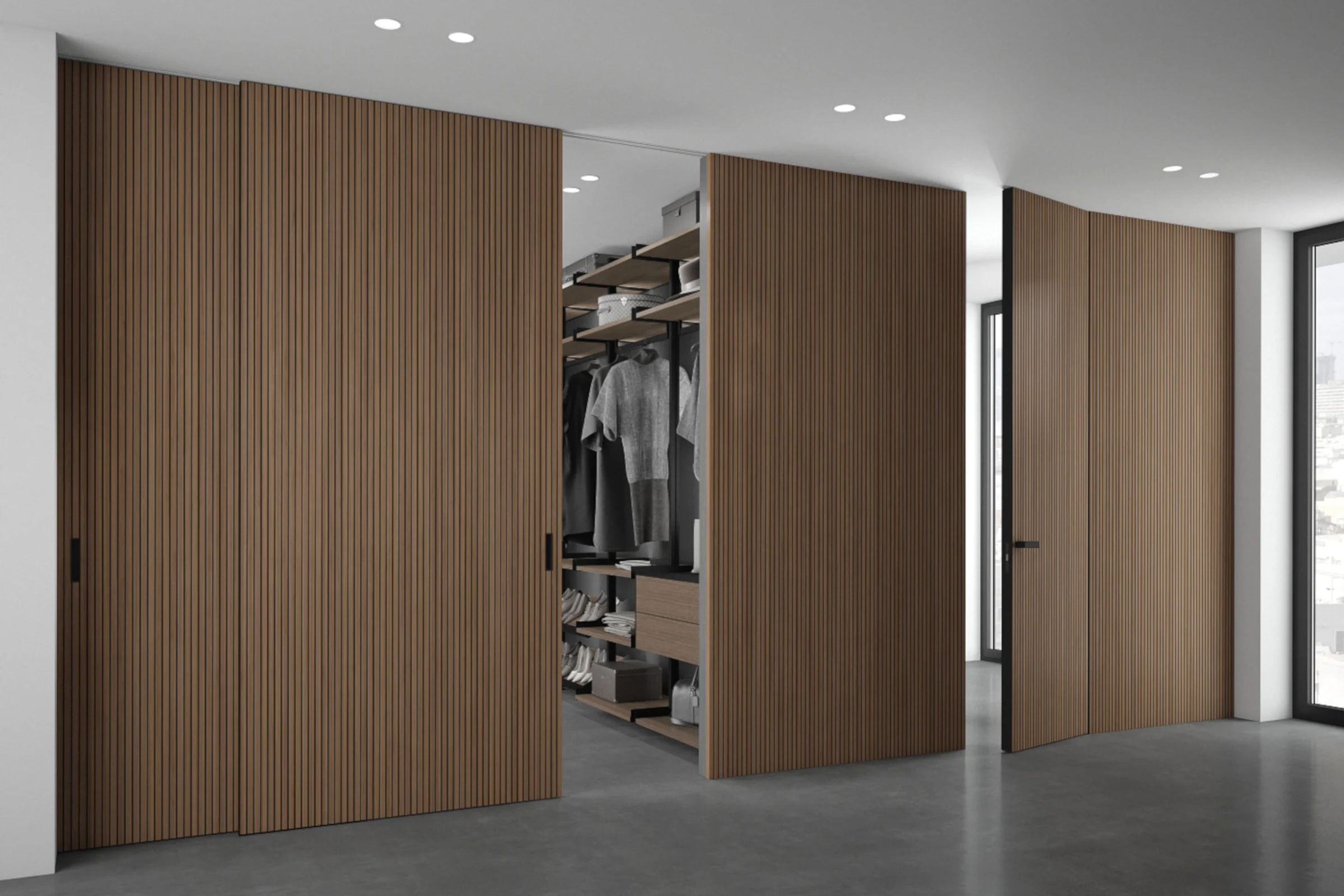 mini-Стеновые панели COVER, UNIFLEX-3D, модель Step. Дверь UNIFLEX-3D, Alu, модель Step. Натуральный шпон US16 Noce Canaletto.