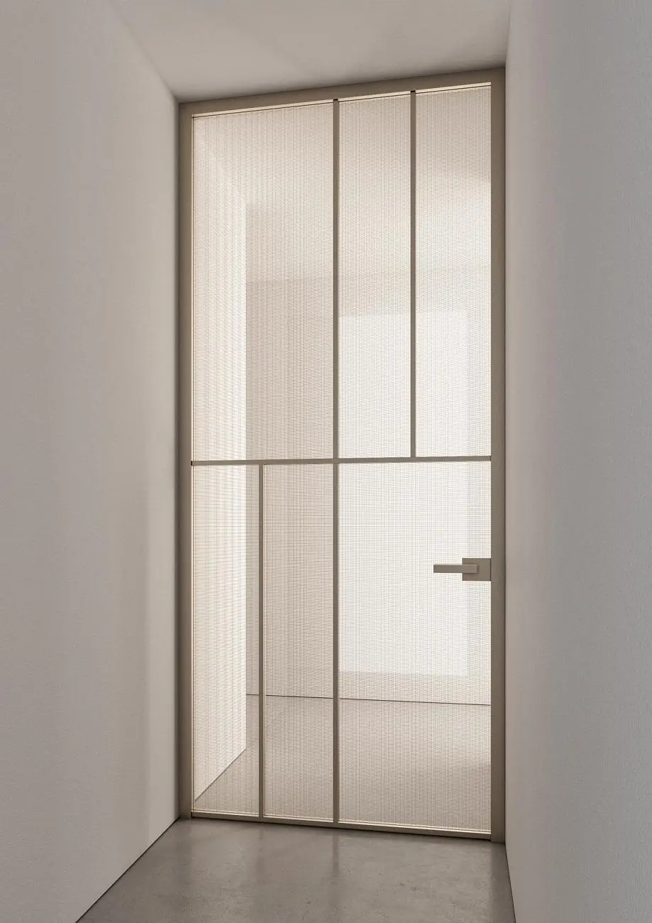 BATTSFLT CORRCS CELINE product door alu natural mesh glass champagne profile.
