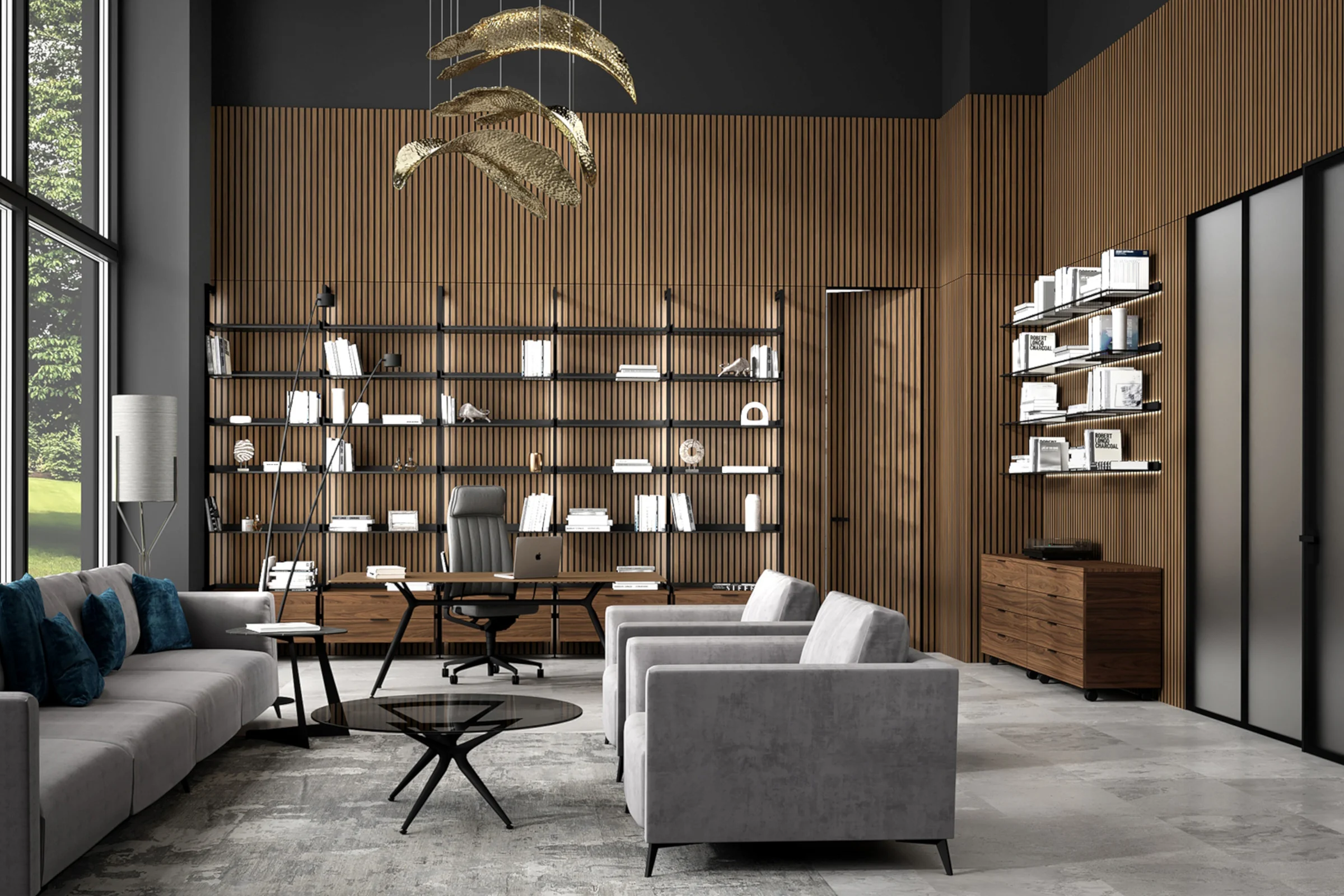 mini-Стеновые панели COVER, UNIFLEX-3D, модель Step. Дверь UNIFLEX-3D, Alu, модель Step. Натуральный шпон US16 Noce Canaletto. Стеллаж FORTE, полки LUMINA, комод ALTO, журнальный столик LOTUS, диван и кресла PORTOFINO.