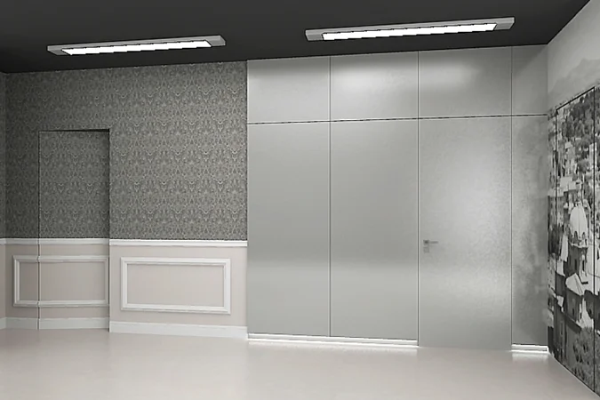 Стеновые панели COVER, матовая эмаль L07 Grigio Fume. Дверь FILO-60.