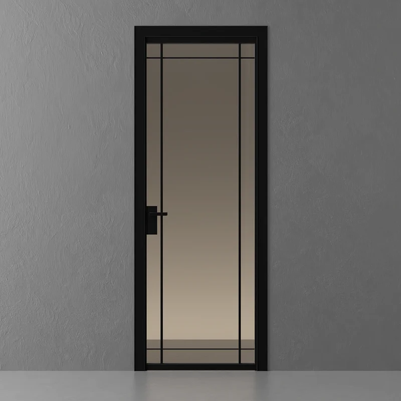 SLIM, модель Quattro, прозрачное стекло GT03 Trasparente Bronzo. Алюминиевый короб-моноблок PLANAR с наличниками, алюминиевый каркас полотна и ручка в цвете AL07 Dark Brown.