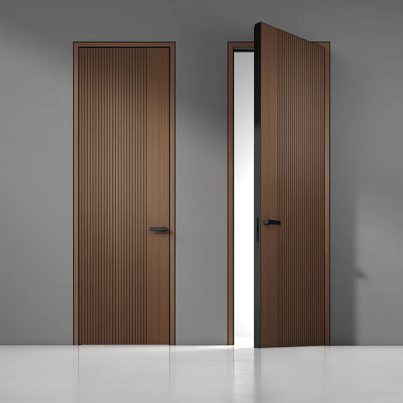 UNIFLEX-3D, Alu, модель Reef, US16 Noce Canaletto. Торцевая кромка в отделке AL10 Black Matt. Короб UNIWOOD. Дверь с теневым зазором.