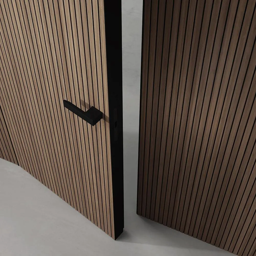 UNIFLEX-3D, Alu, модель Step, натуральный шпон US16 Noce Canaletto. "Скрытый" короб, алюминиевая торцевая кромка и ручка в цвете AL08 Black. Фрагмент двери и стеновых панелей COVER, Step.